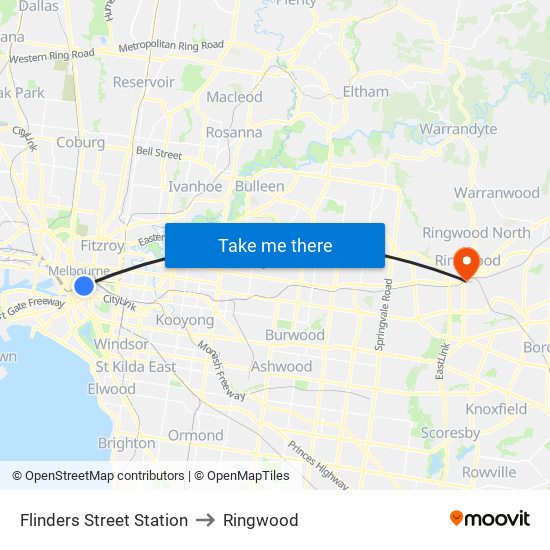 Flinders Street Station to Ringwood map