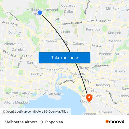 Melbourne Airport to Ripponlea map