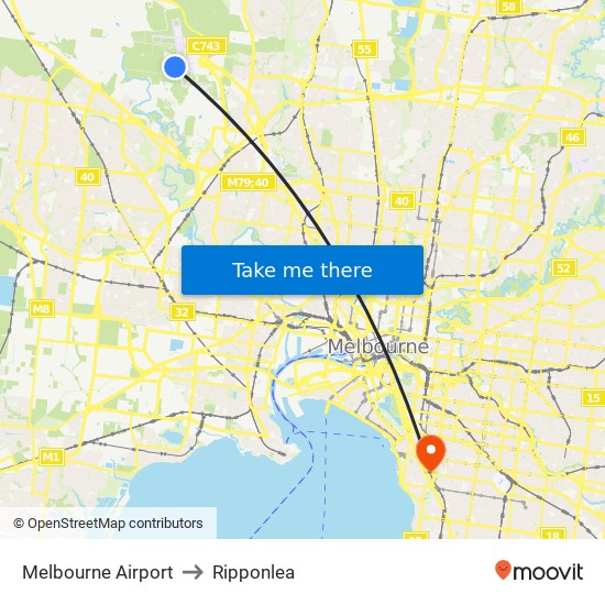 Melbourne Airport to Ripponlea map