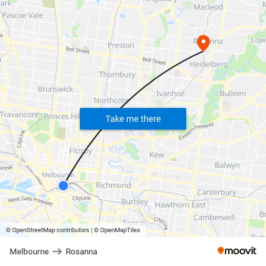 Melbourne to Rosanna map