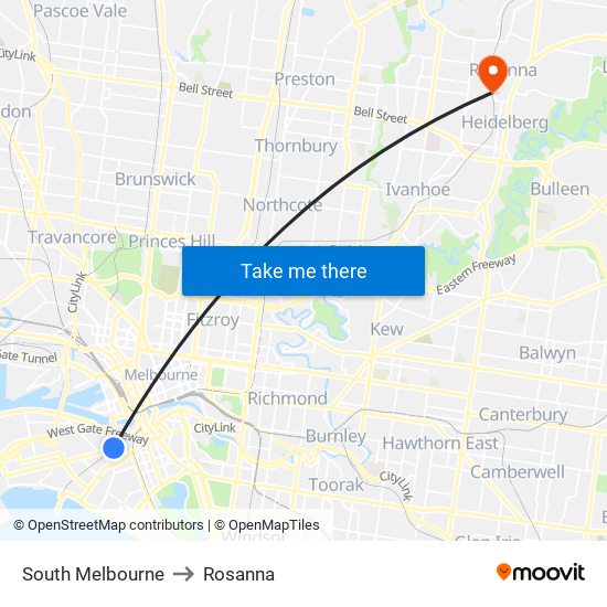 South Melbourne to Rosanna map