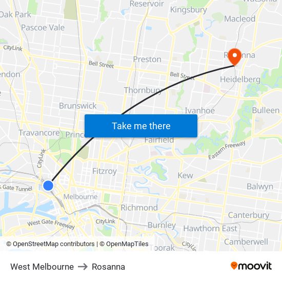 West Melbourne to Rosanna map