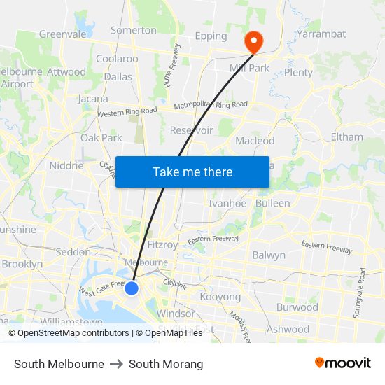 South Melbourne to South Morang map