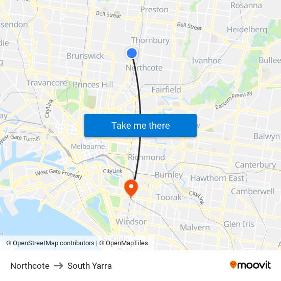 Northcote to South Yarra map
