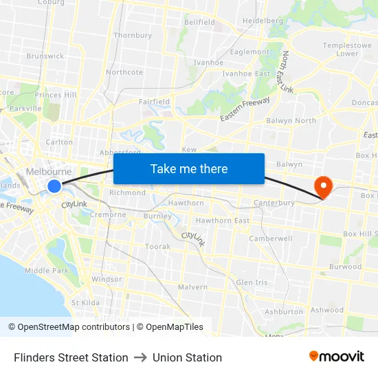Flinders Street Station to Union Station map