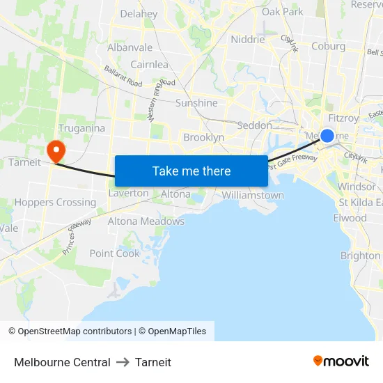 Melbourne Central to Tarneit map