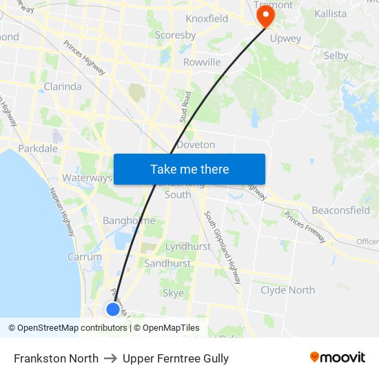 Frankston North to Upper Ferntree Gully map