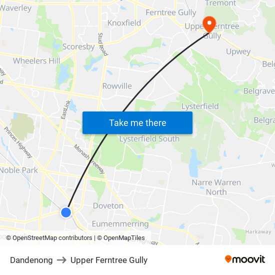 Dandenong to Upper Ferntree Gully map