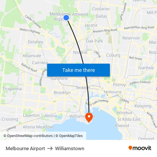 Melbourne Airport to Williamstown map