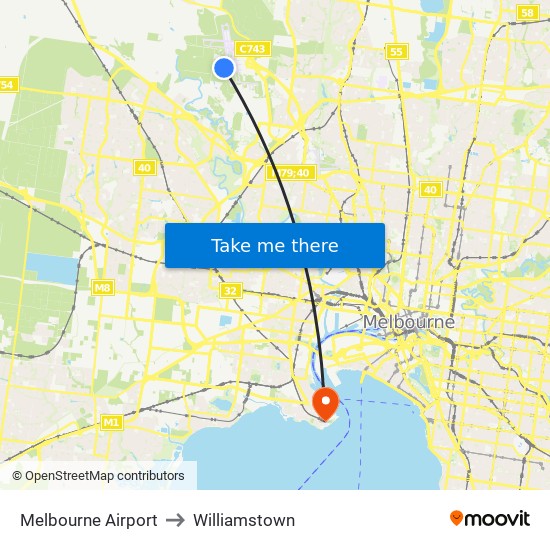 Melbourne Airport to Williamstown map