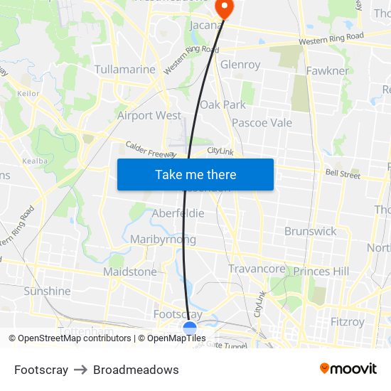 Footscray to Broadmeadows map