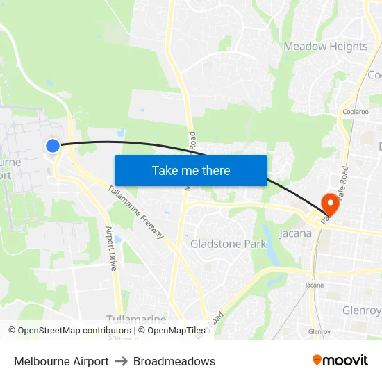 Melbourne Airport to Broadmeadows map
