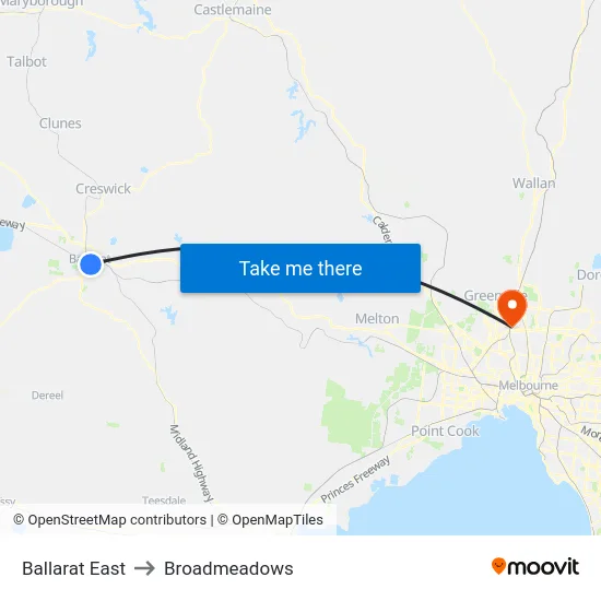 Ballarat East to Broadmeadows map