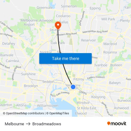 Melbourne to Broadmeadows map