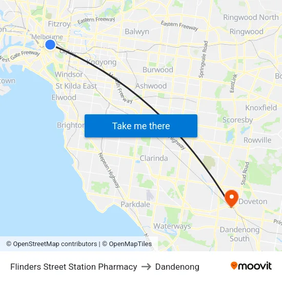 Flinders Street Station Pharmacy to Dandenong map