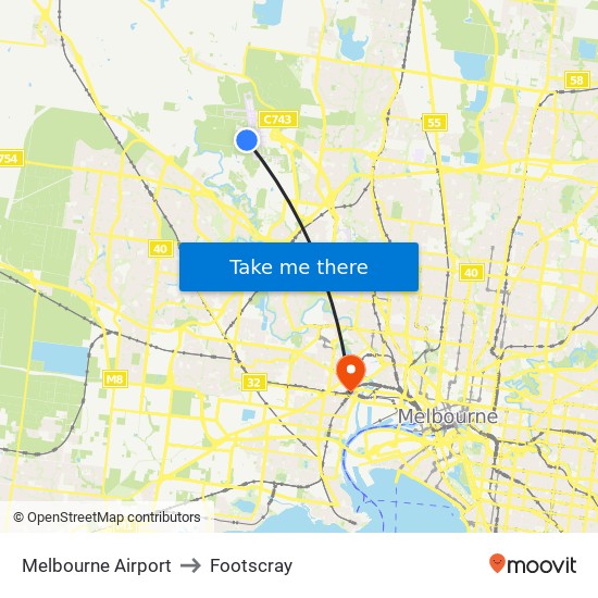 Melbourne Airport to Footscray map