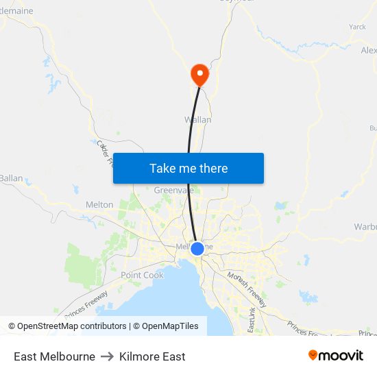 East Melbourne to Kilmore East map