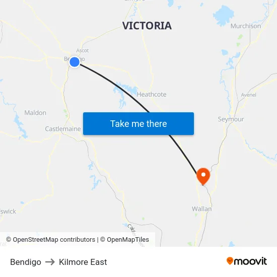 Bendigo to Kilmore East map