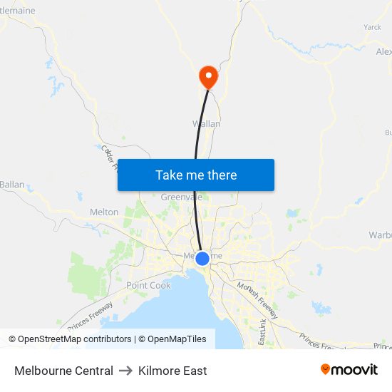 Melbourne Central to Kilmore East map