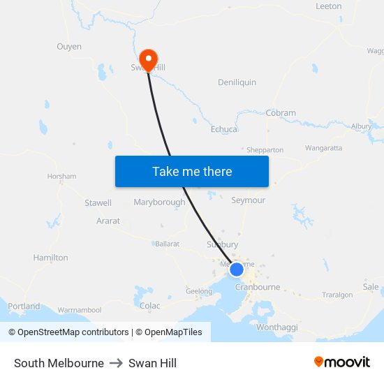 South Melbourne to Swan Hill map