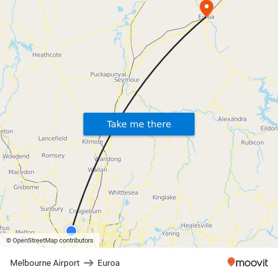 Melbourne Airport to Euroa map