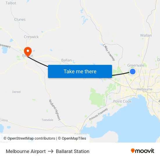 Melbourne Airport to Ballarat Station map