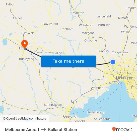 Melbourne Airport to Ballarat Station map