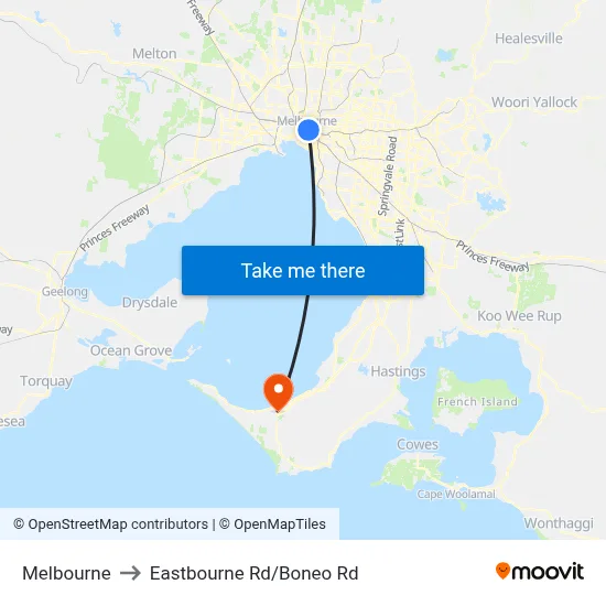 Melbourne to Eastbourne Rd/Boneo Rd map