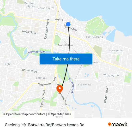 Geelong to Barwarre Rd/Barwon Heads Rd map