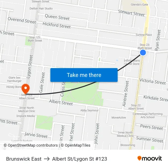 Brunswick East to Albert St/Lygon St #123 map