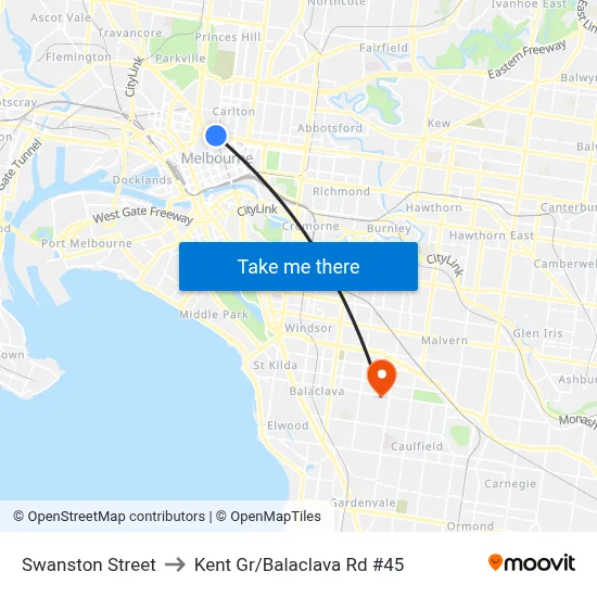 Swanston Street to Kent Gr/Balaclava Rd #45 map