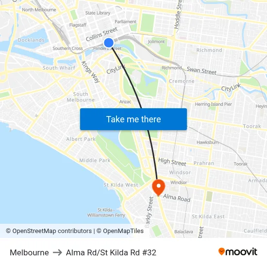 Melbourne to Alma Rd/St Kilda Rd #32 map
