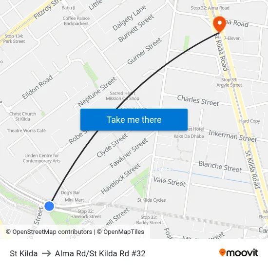 St Kilda to Alma Rd/St Kilda Rd #32 map