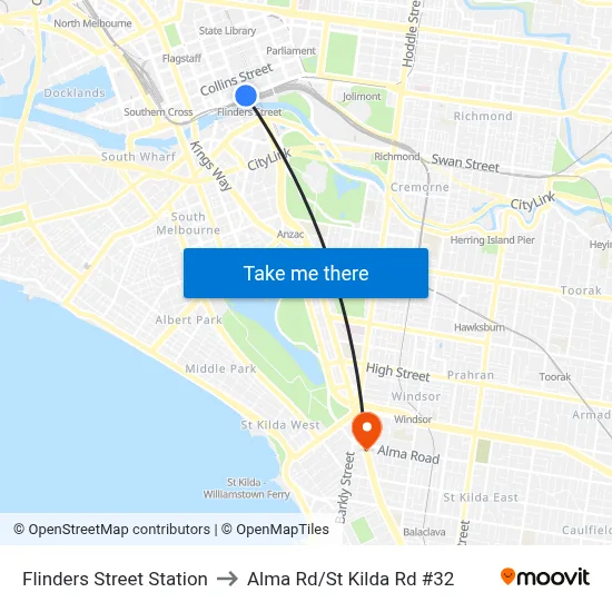 Flinders Street Station to Alma Rd/St Kilda Rd #32 map