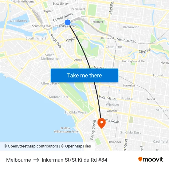 Melbourne to Inkerman St/St Kilda Rd #34 map