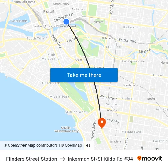 Flinders Street Station to Inkerman St/St Kilda Rd #34 map