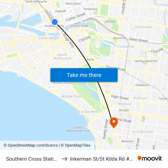 Southern Cross Station to Inkerman St/St Kilda Rd #34 map