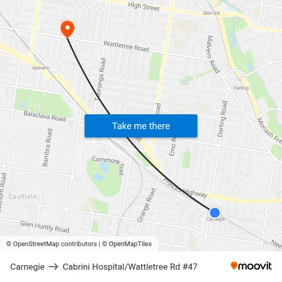 Carnegie to Cabrini Hospital / Wattletree Rd #47 map