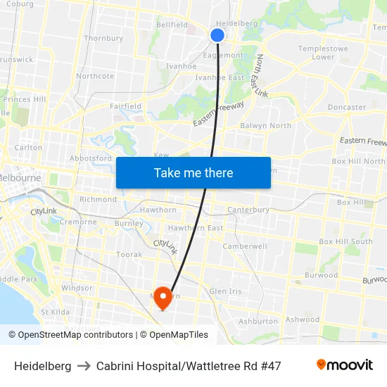 Heidelberg to Cabrini Hospital / Wattletree Rd #47 map