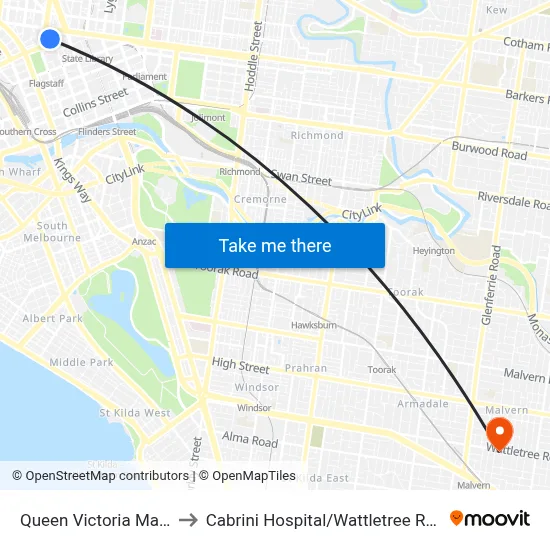 Queen Victoria Market to Cabrini Hospital / Wattletree Rd #47 map