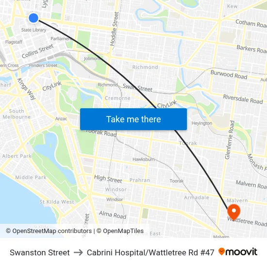 Swanston Street to Cabrini Hospital / Wattletree Rd #47 map