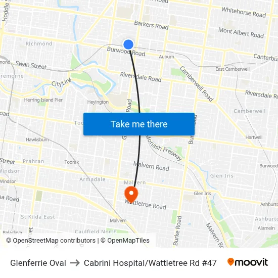 Glenferrie Oval to Cabrini Hospital / Wattletree Rd #47 map