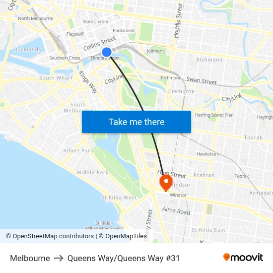 Melbourne to Queens Way/Queens Way #31 map