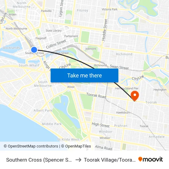 Southern Cross (Spencer Street) Station to Toorak Village/Toorak Rd #132 map
