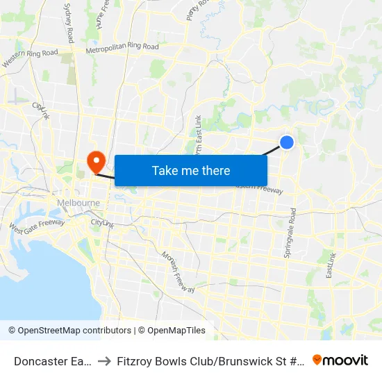 Doncaster East to Fitzroy Bowls Club / Brunswick St #20 map