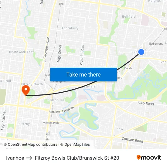 Ivanhoe to Fitzroy Bowls Club / Brunswick St #20 map
