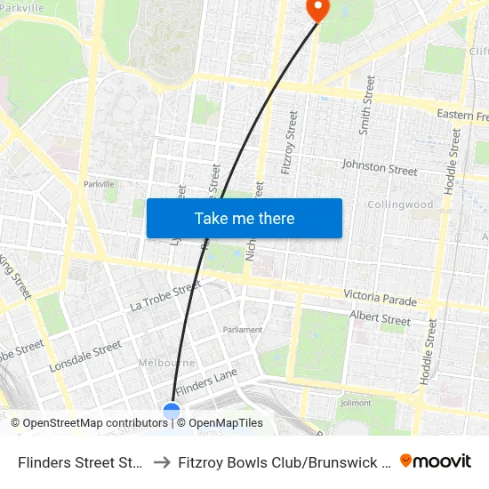 Flinders Street Station to Fitzroy Bowls Club / Brunswick St #20 map