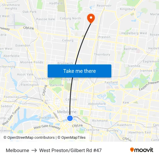Melbourne to West Preston/Gilbert Rd #47 map