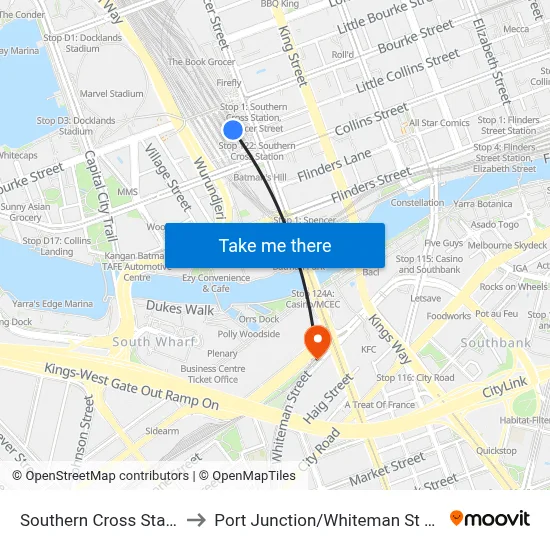 Southern Cross Station to Port Junction/Whiteman St #125 map