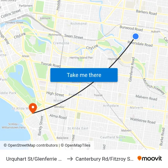 Urquhart St/Glenferrie Rd #71 to Canterbury Rd/Fitzroy St #133 map
